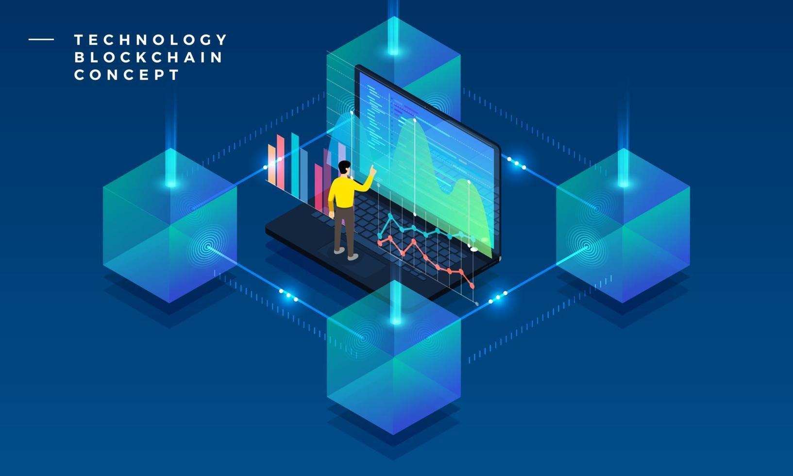 Flat design concept blockchain and cryptocurrency technology. Composition for layout design website banner. Isometric vector illustration.