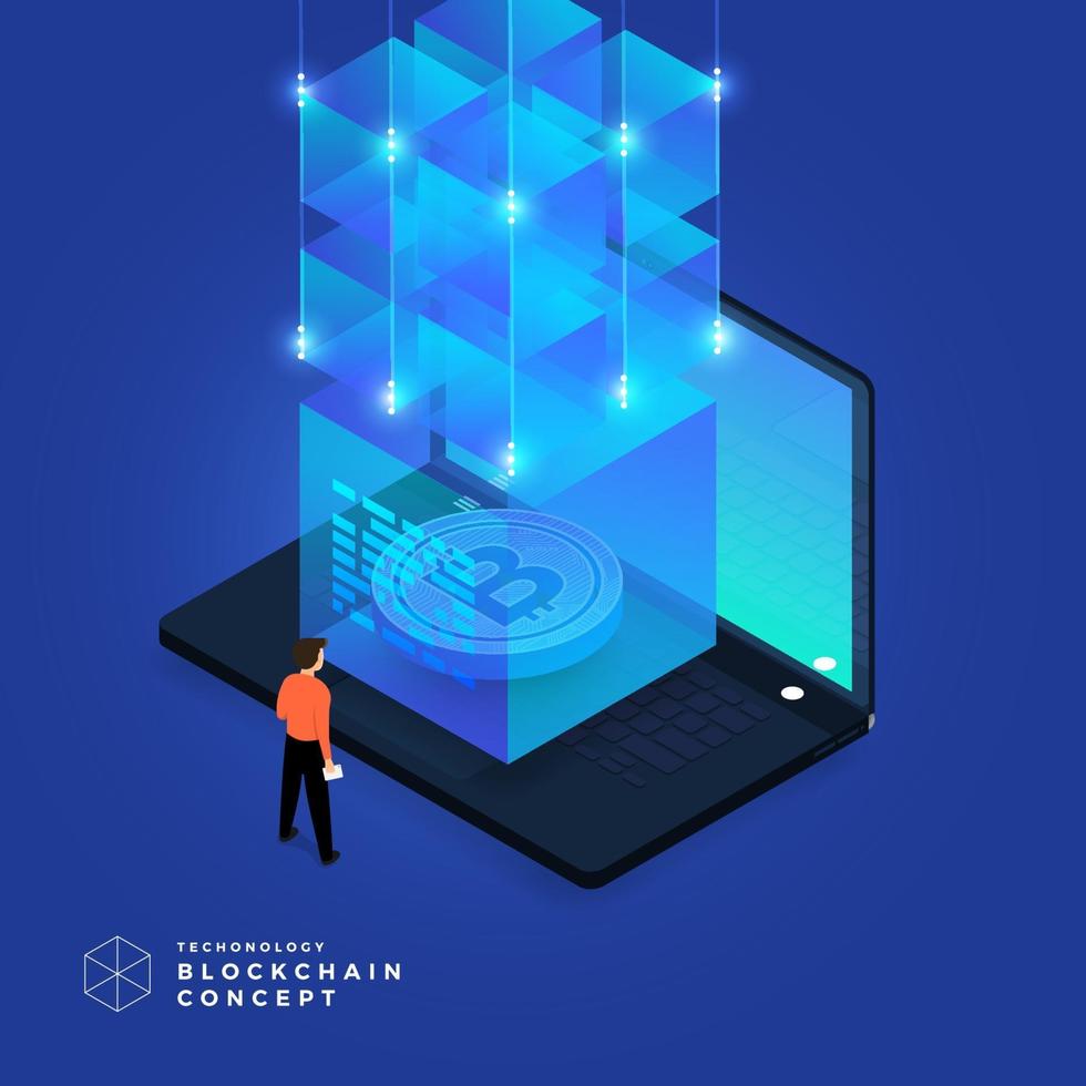 Flat design concept blockchain and cryptocurrency technology. Composition for layout design website banner. Isometric vector illustration.