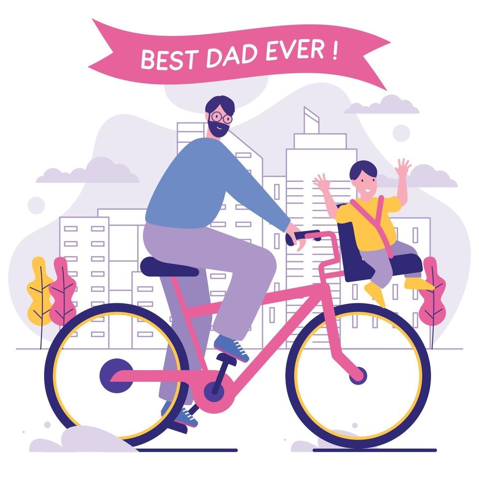 Father and Son Ride Bicycles Around Town vector