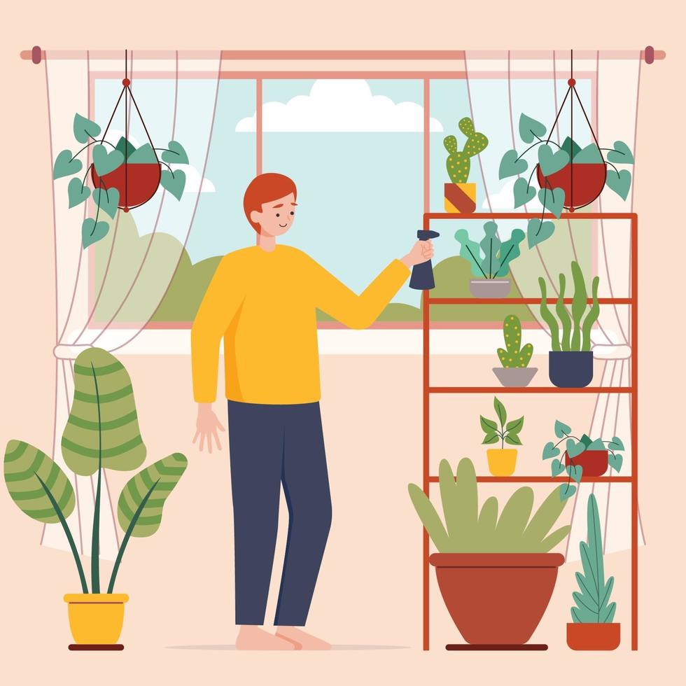 hombres felices regando plantas de interior en casa vector