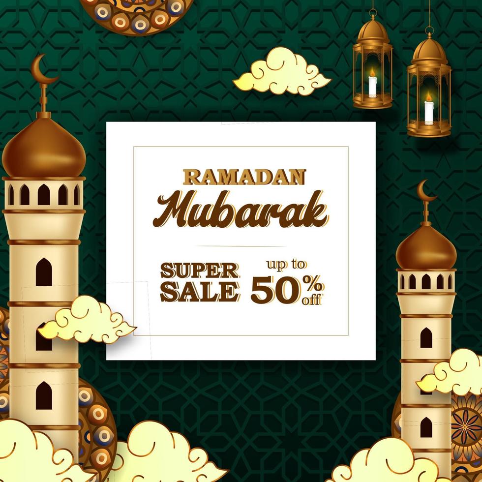 Ramadán mubarak oferta de venta banner de lujo elegante con decoración de mezquita y linterna vector