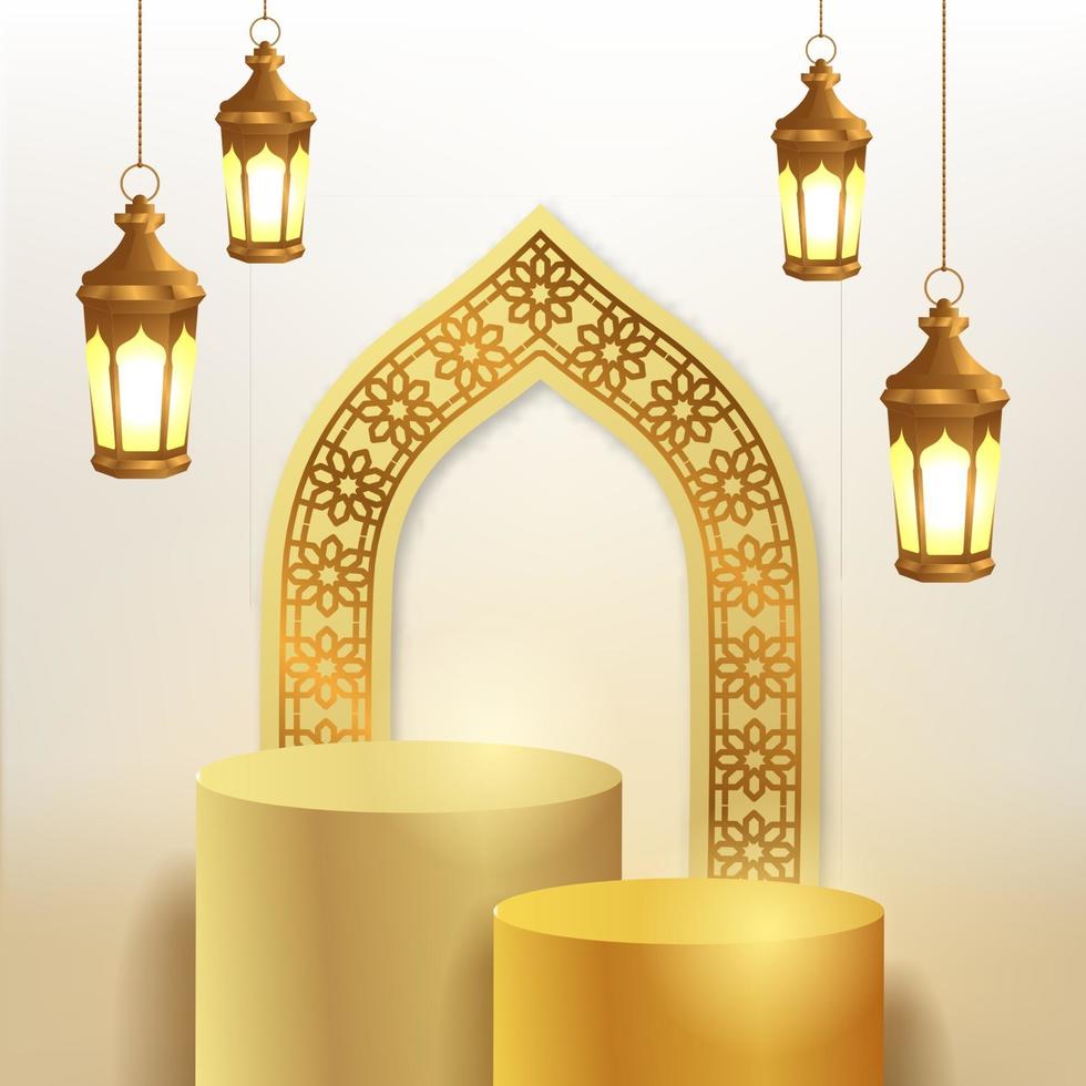 Pantalla de escenario de podio vacío para Ramadán con linterna y puerta de patrón de mezquita vector