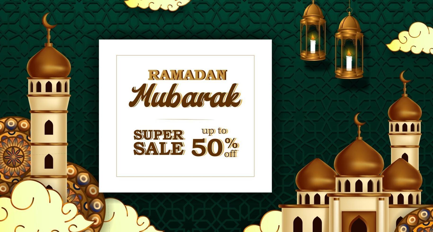 Ramadán mubarak oferta de venta banner de lujo elegante con decoración de mezquita y linterna vector