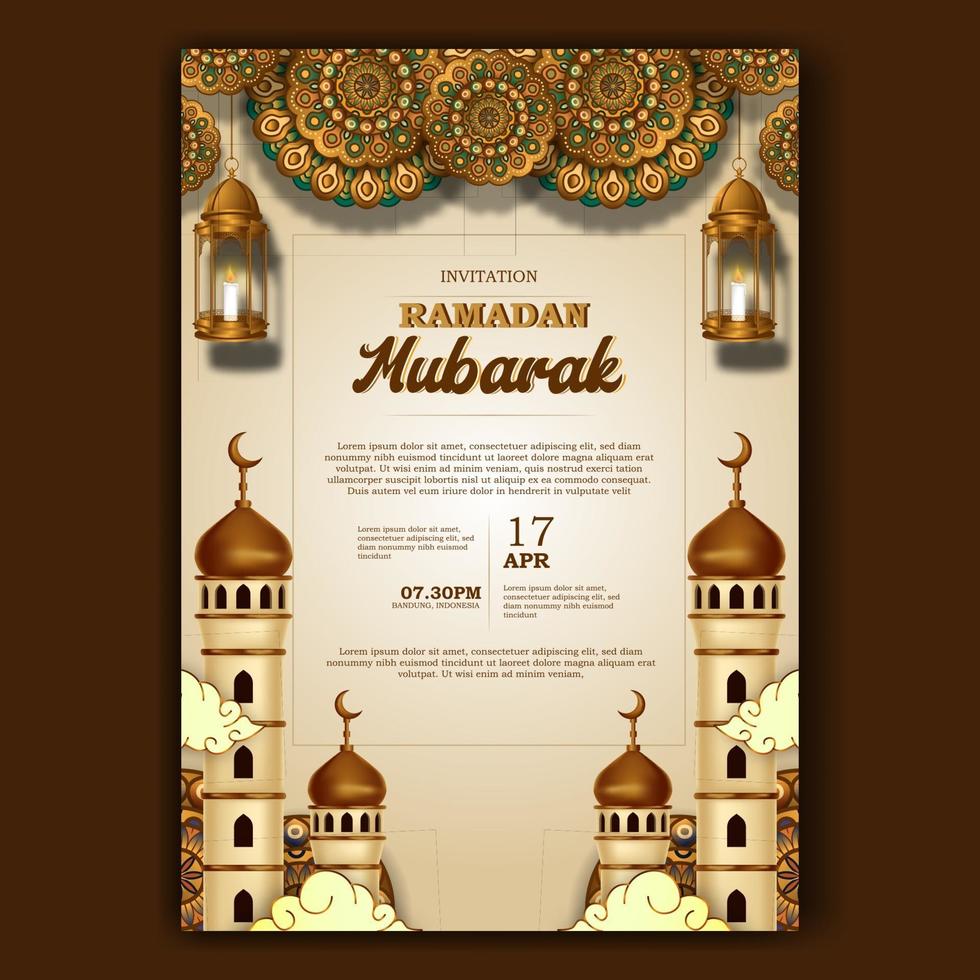 cartel de invitación de ramadan mubarak inftar elegante con decoración de mezquita y linterna vector