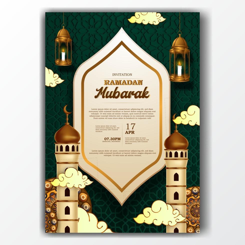 Ramadán mubarak oferta de venta banner de lujo elegante con decoración de mezquita y linterna vector