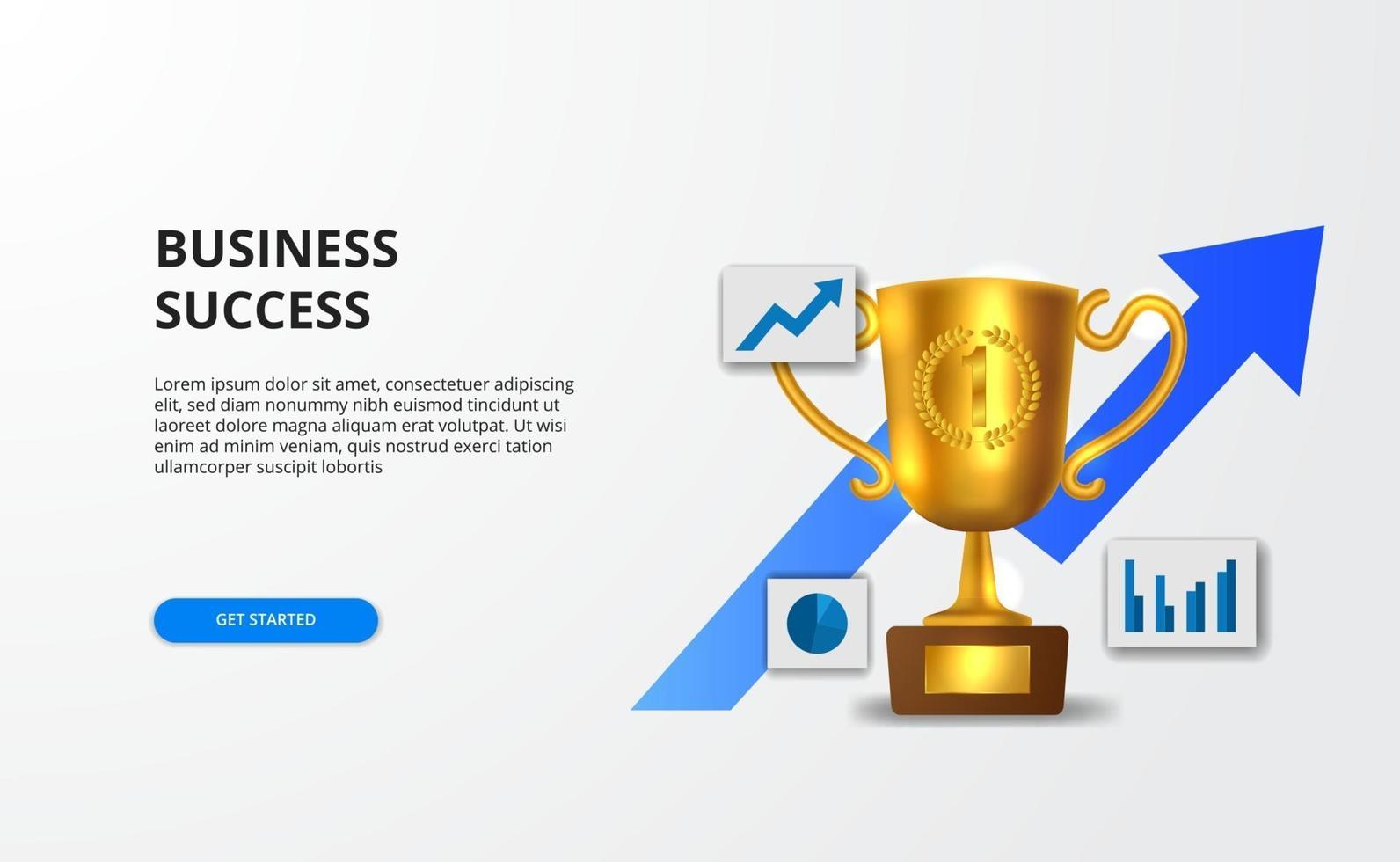 Concept successful business growth with graph and 3d golden realistic trophy for banner presentation. vector