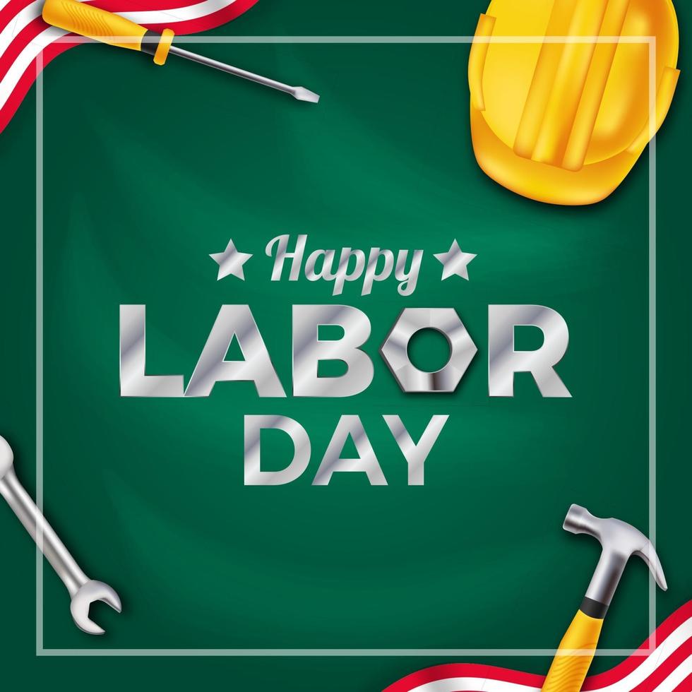 Labor day, international worker's day democracy culture with safety yellow helmet, construction equipment tool with green board background. vector