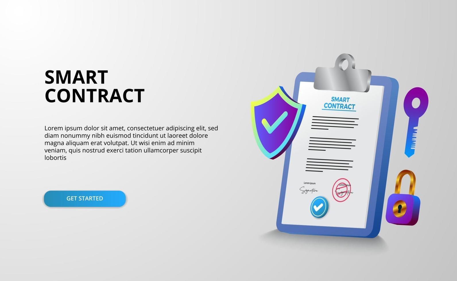 Digital smart contract for electronic sign document agreement security, finance, legal corporate. Clipboard document illustration with shield protection security vector