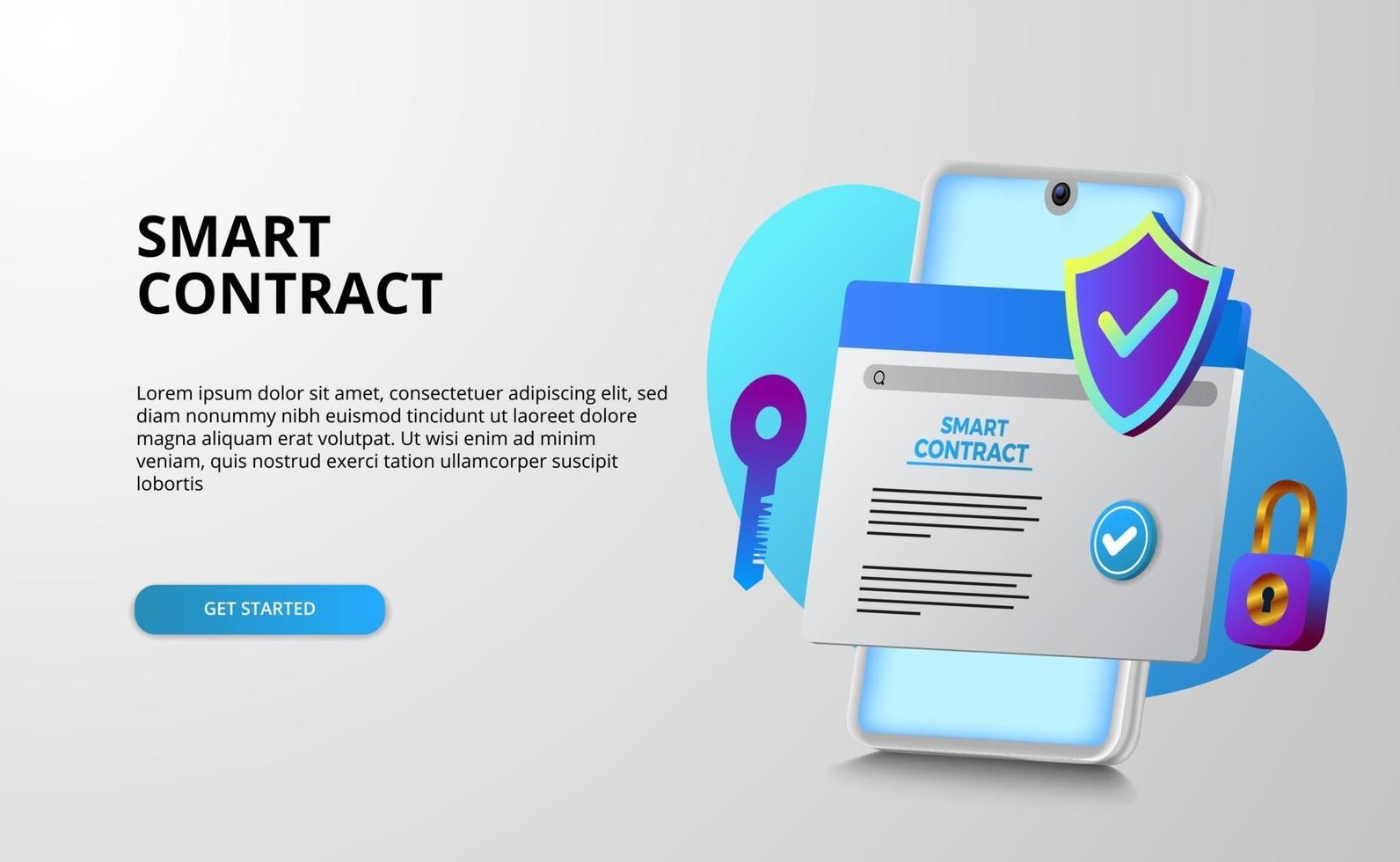 Digital smart contract for electronic sign document agreement security, finance, legal corporate. Mobile web document with shield, key, and padlock for security and protection vector