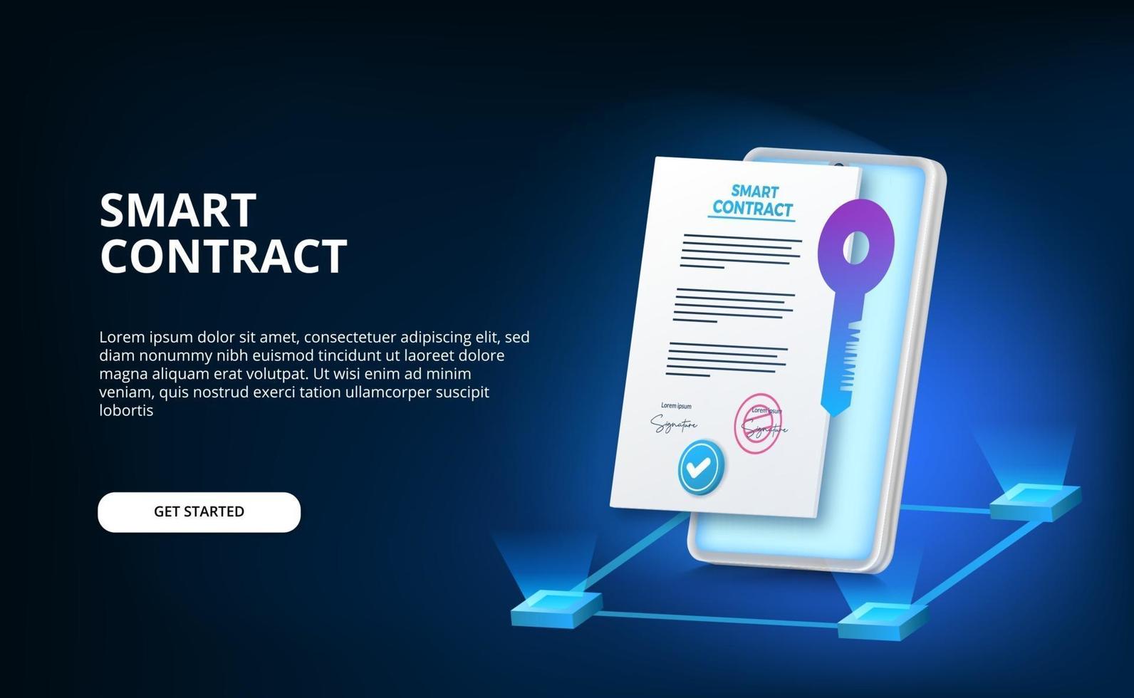 Digital smart contract for electronic sign document agreement security, finance, legal corporate. Phone illustration with certificate and key protection security vector