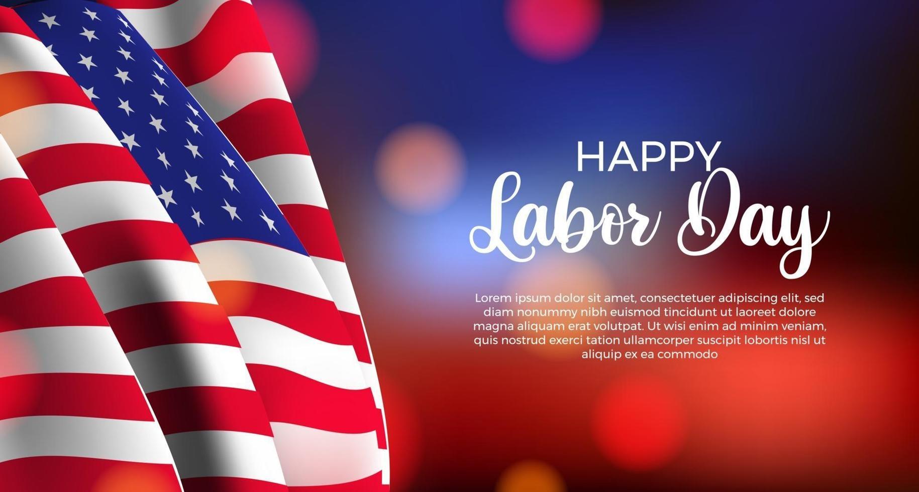 American labor day poster banner with flag and with blur bokeh background. vector