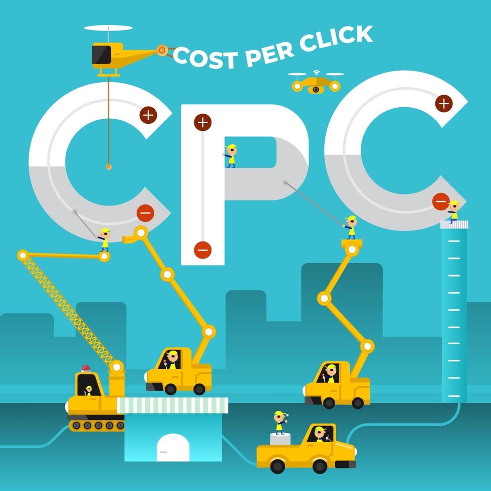 Construction team building the phrase COST PER CLICK vector