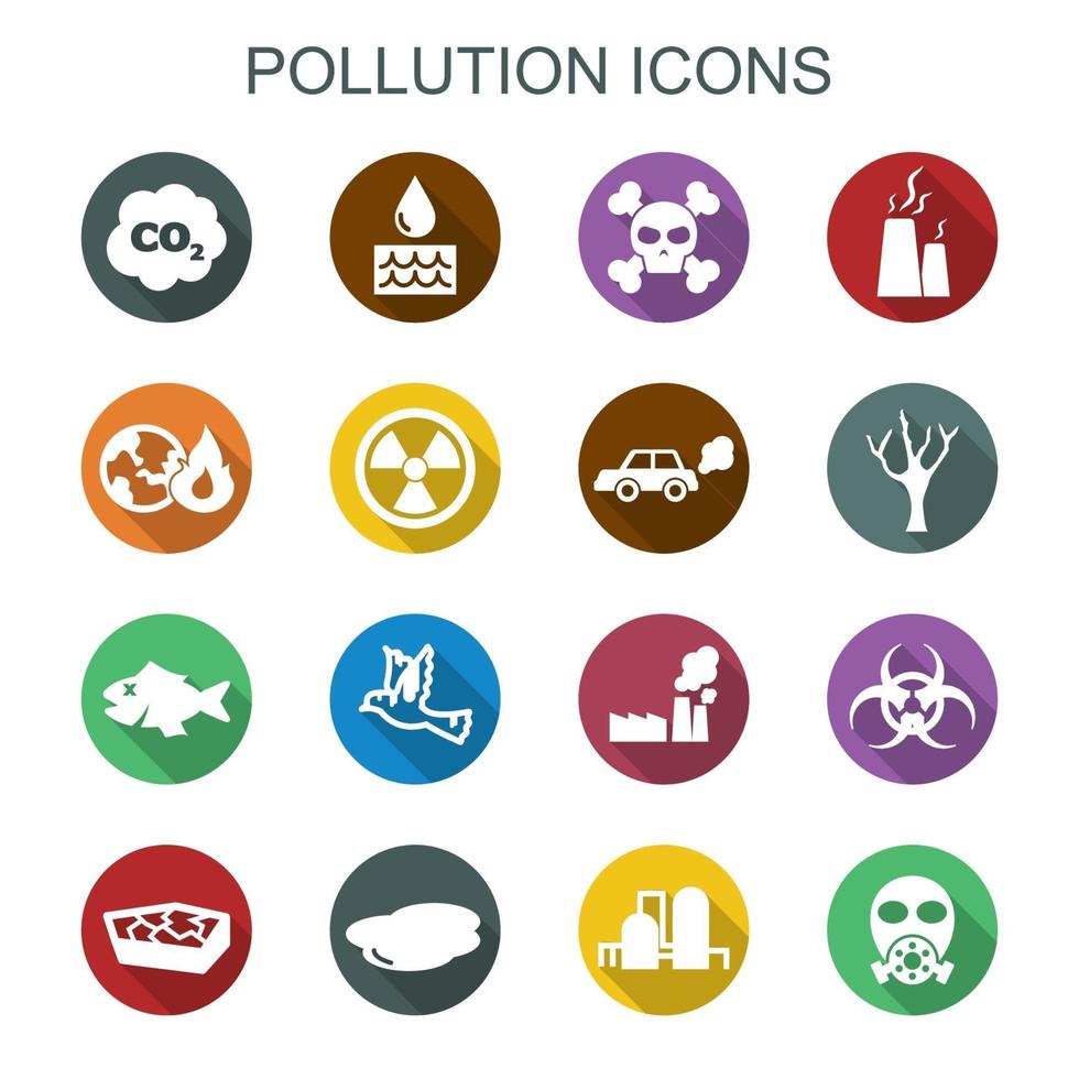 contaminación, larga sombra, iconos vector