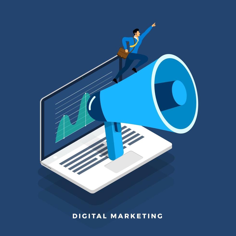 Digital marketing concept with megaphone and laptop vector