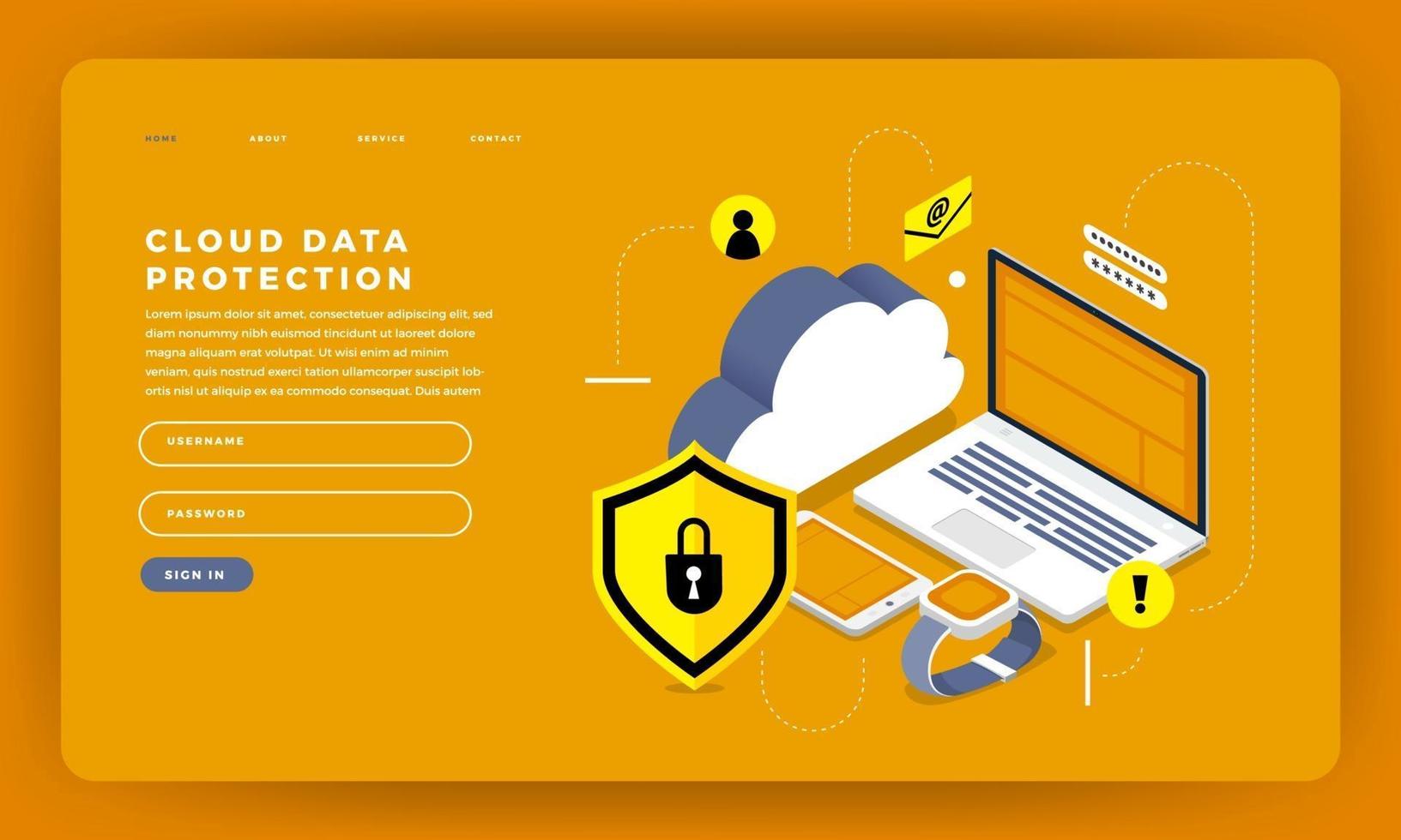 maqueta de la página de destino del sitio web para la protección de datos en la nube vector