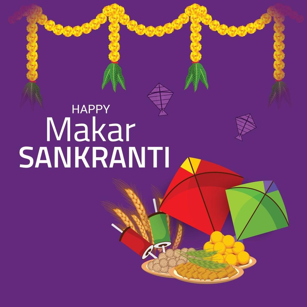 Vector illustration of a Background for Traditional Indian Festival Makar Sankranti with Colorful Kites