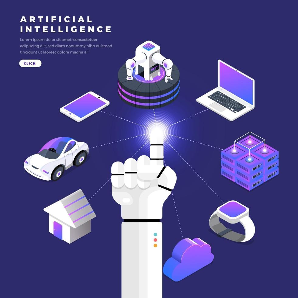 Hand of robot connecting artificial intelligence to various devices vector