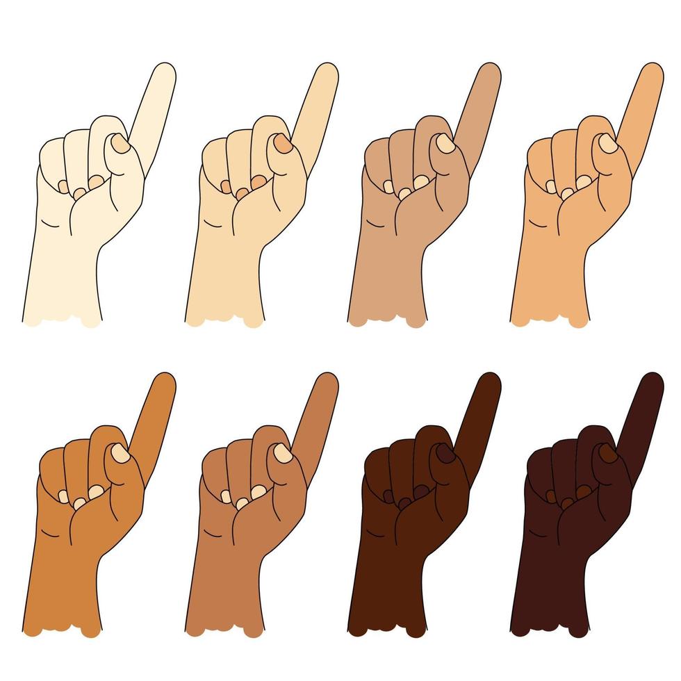 Set of ethnic hands with different skin colors. Hand gesture. Human Hand shows one index finger. gesture - number one or attention. Vector drawing