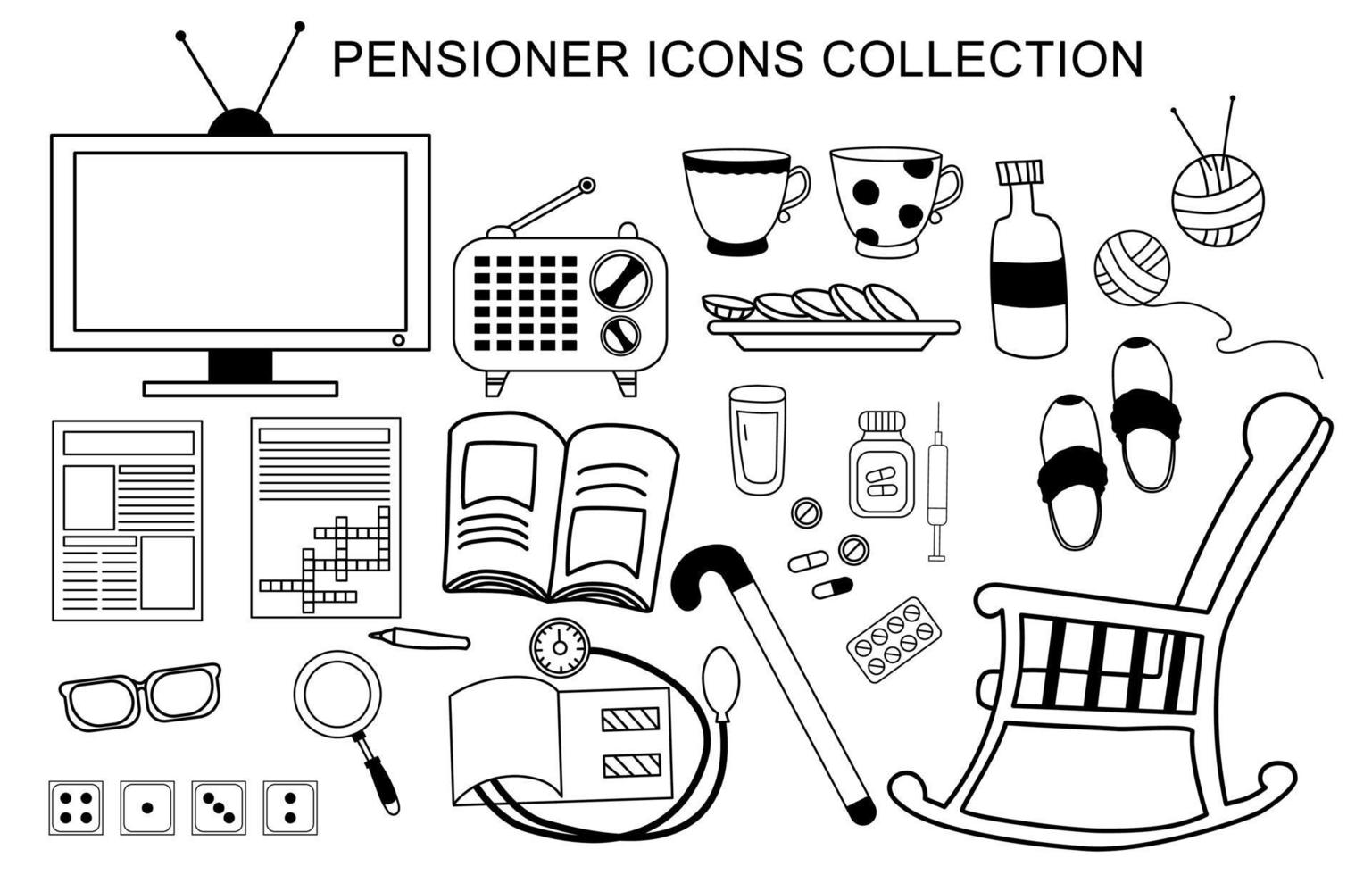 Vector set of icons for an elderly man. Life and activities for a pensioner