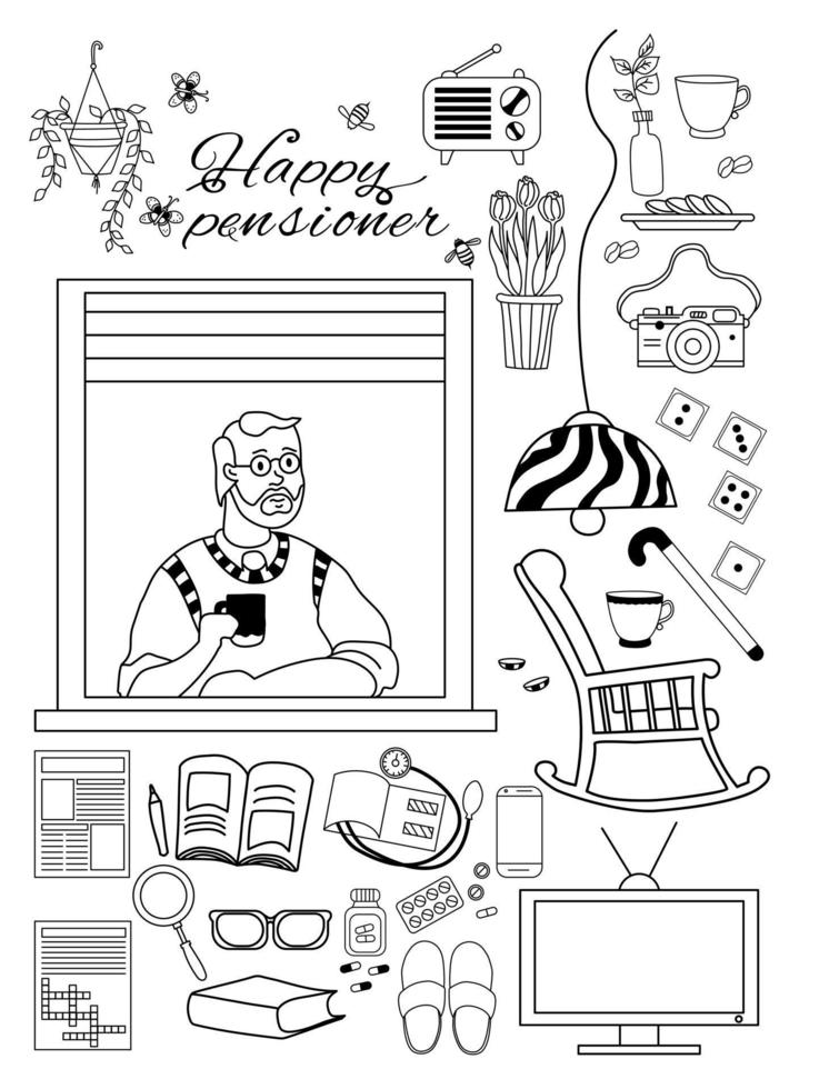 Elderly man. Happy elderly man at In the apartment window and things for a cozy pensioner life. vector