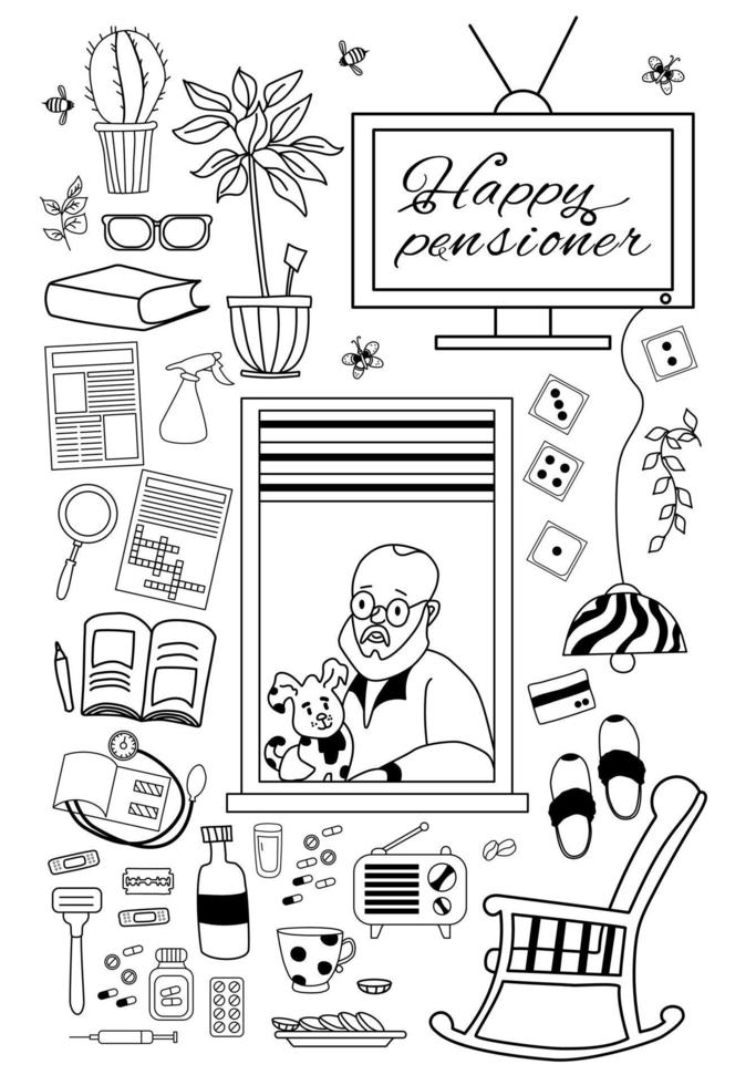 grandparents day. Happy elderly man in the window of an apartment with dog and things for a cozy life. vector