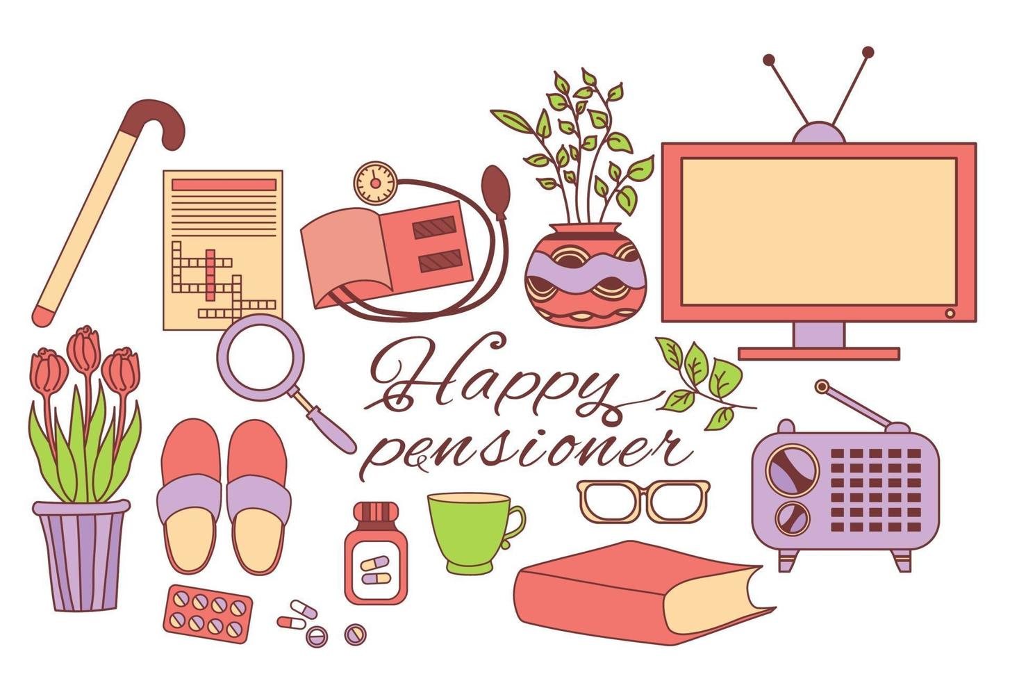 Colored set of happy pensioner icons vector