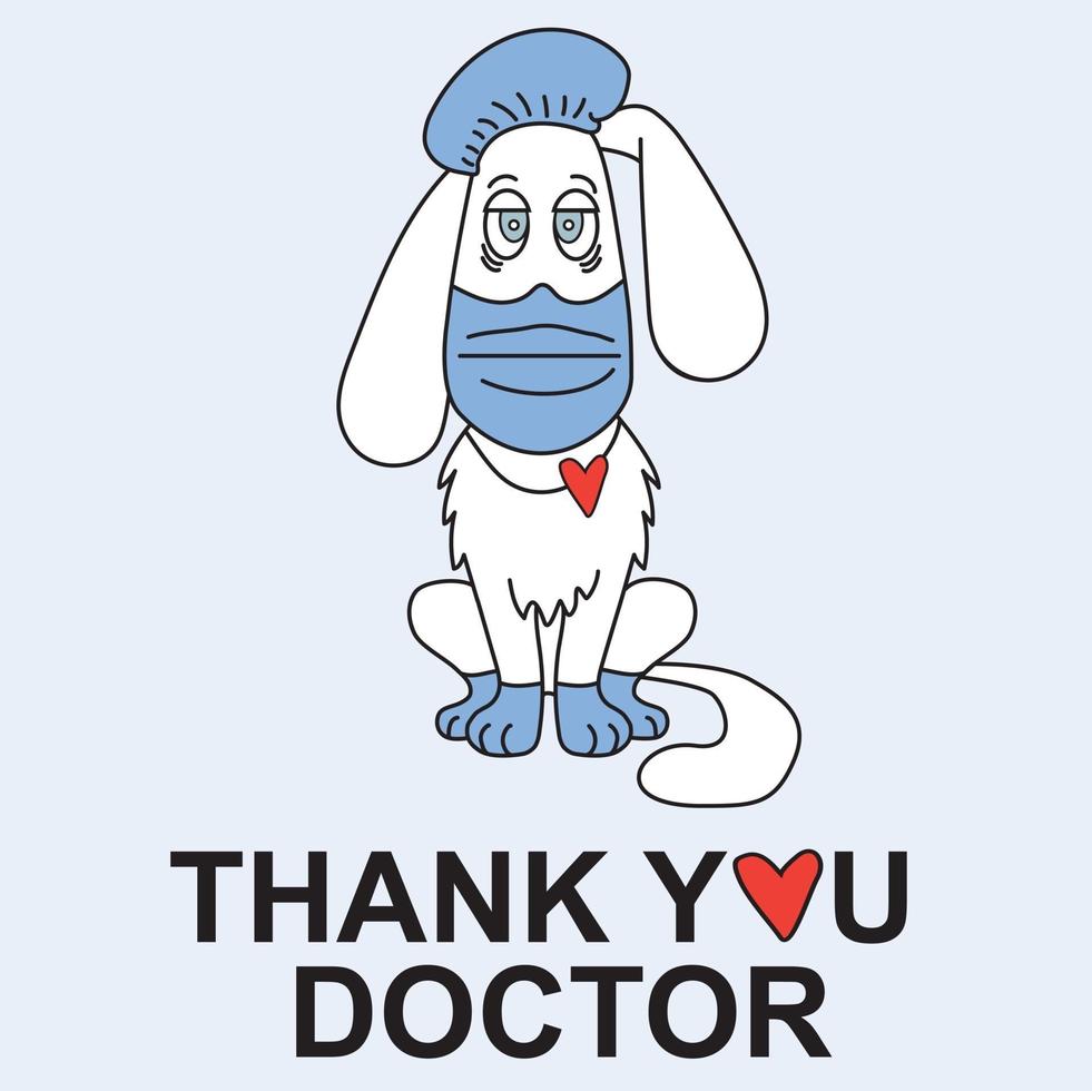 White dog doctor in medical clothes and protection - mask, gloves, hat and endoscope on a blue background. Vector, contour drawing. The fight against viruses and COVID-19 and thanks to the doctors vector