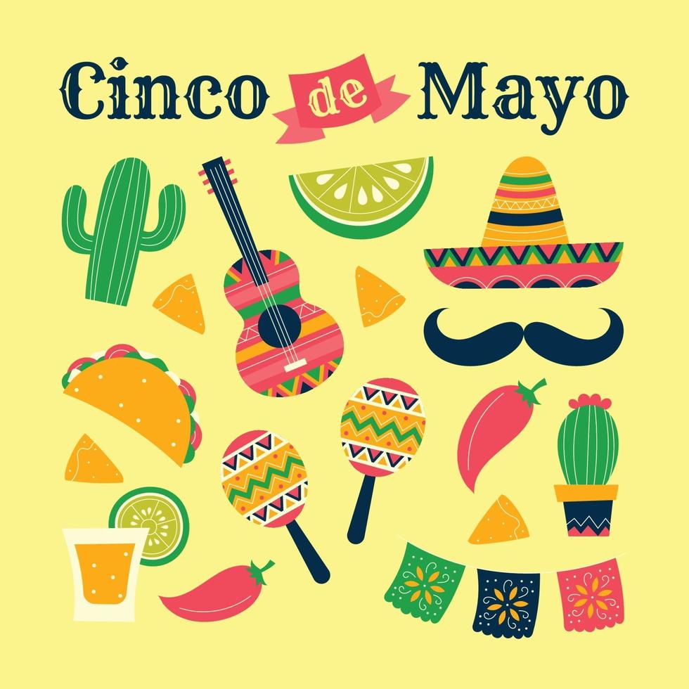 colorido estilo plano cinco de mayo conjunto de iconos vector