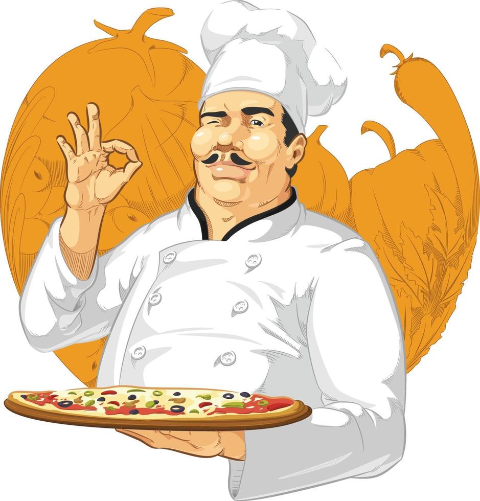 pizzería restaurante chef pizzero cocinero salón mascota de dibujos animados vector