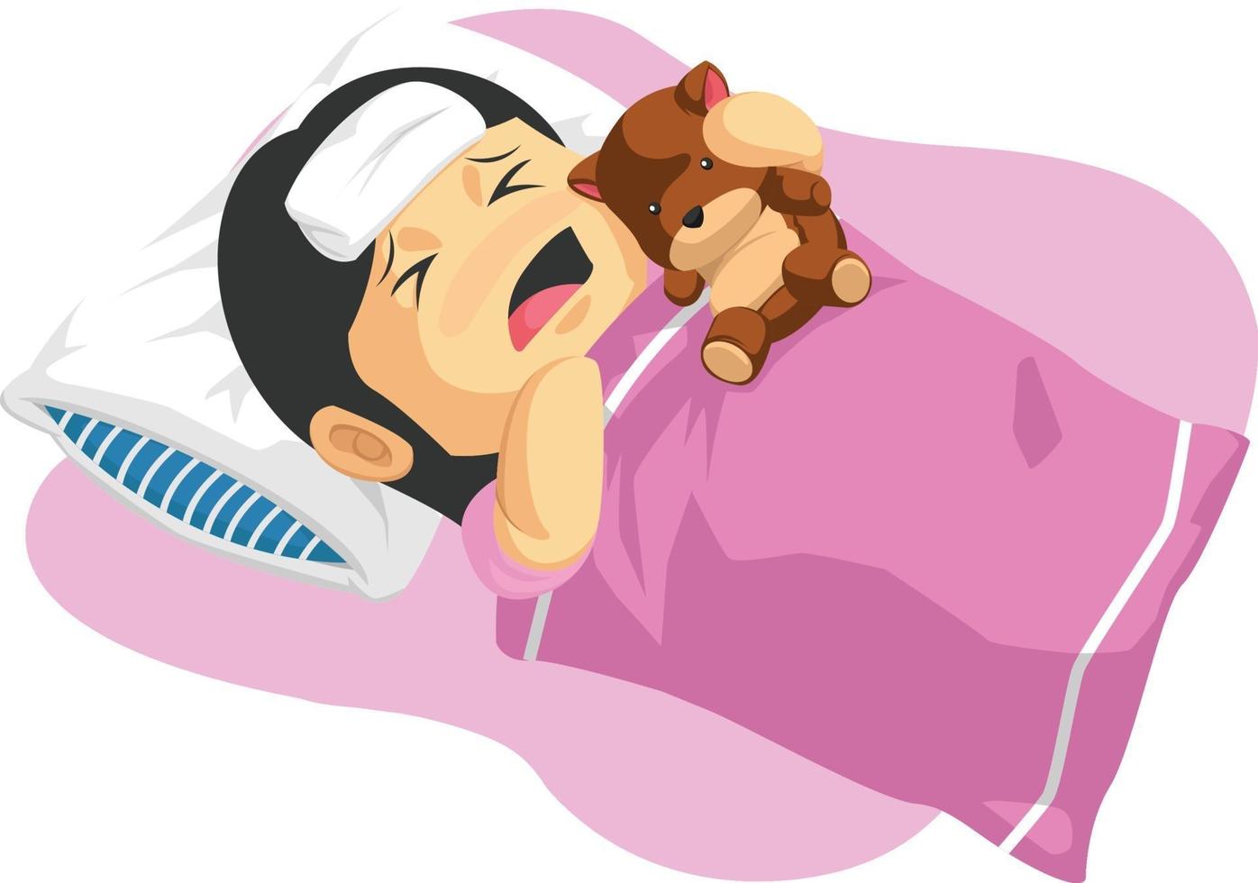 Sick Cold Compressed Kid Fever Flu Illness Cartoon Illustration vector