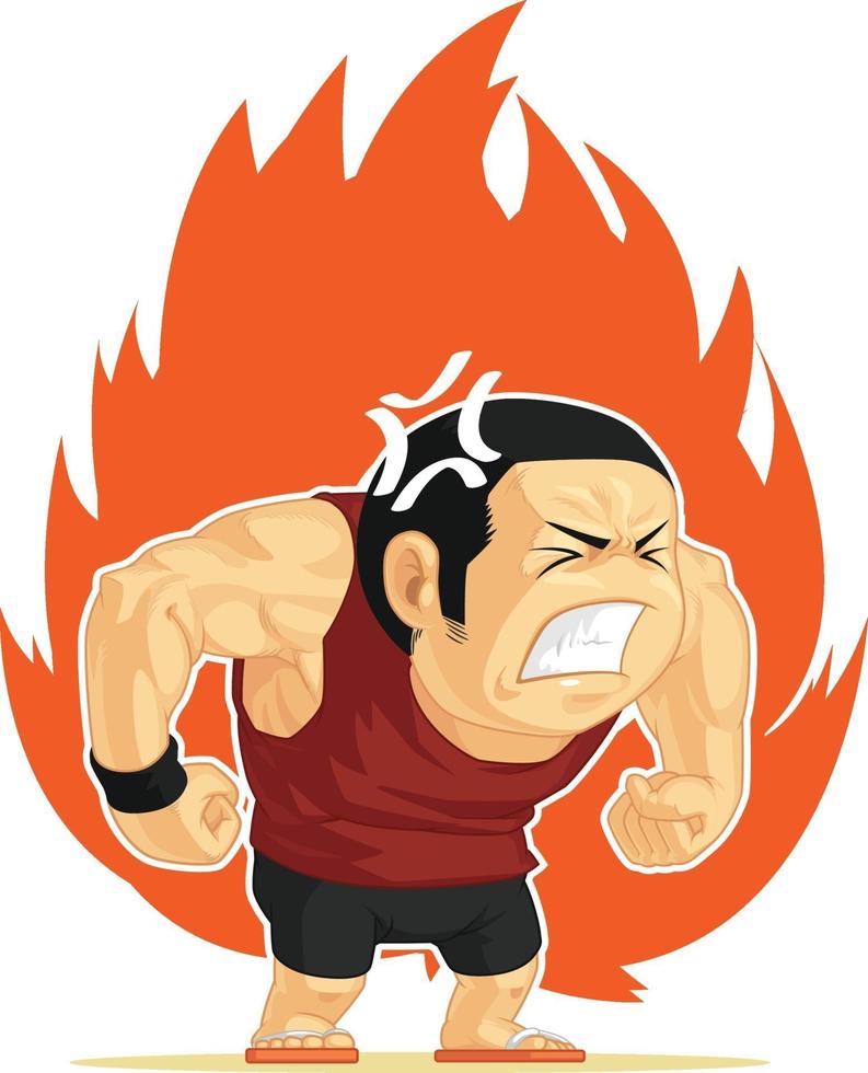 enojado, enojado, furioso, hombre musculoso, ardiente, rabia, caricatura, ilustración, dibujo vector