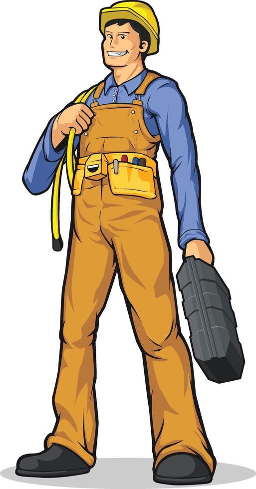 Industrial Construction Worker Holding Tool Box Cartoon Vector Drawing