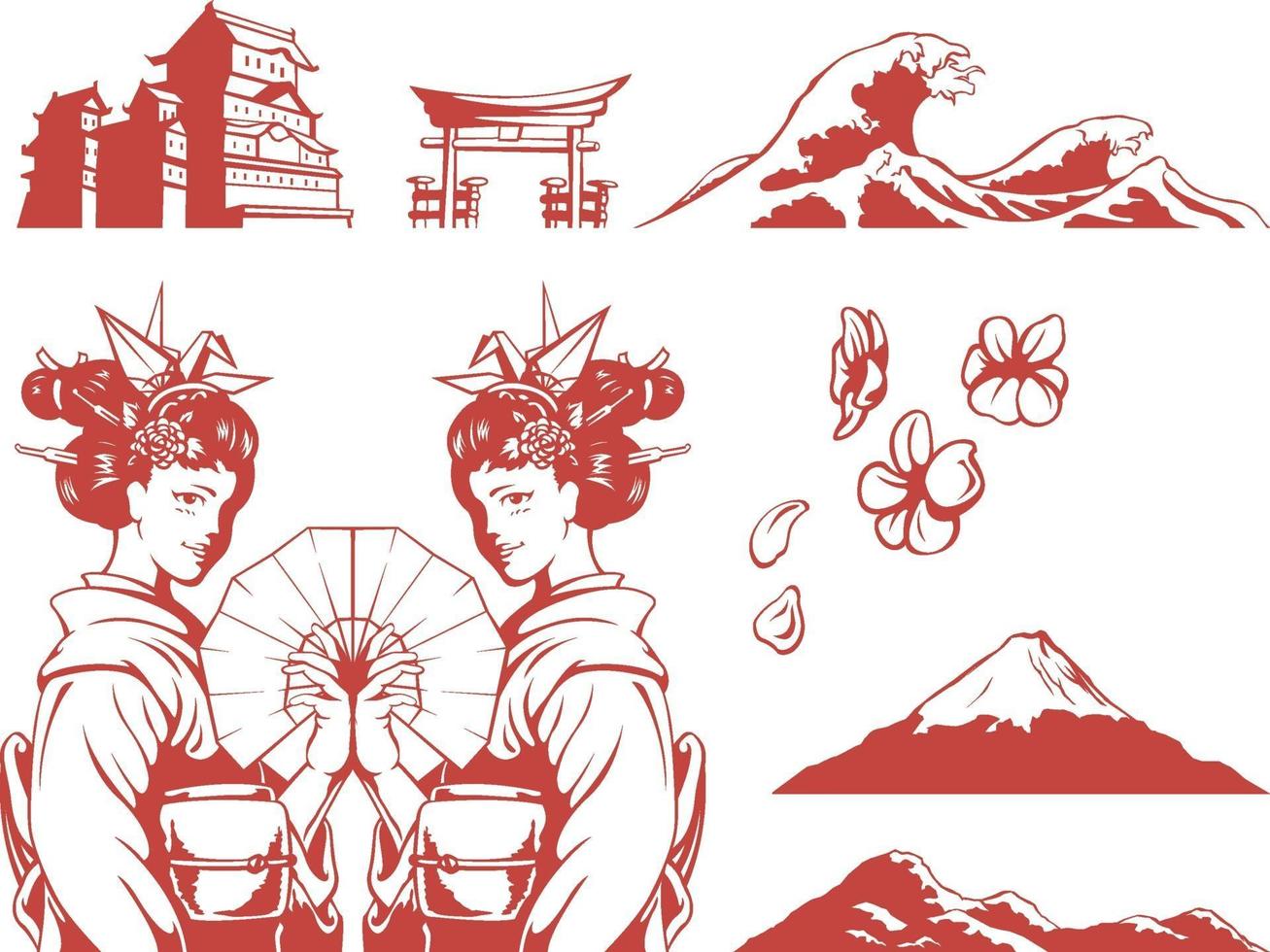 Silhouette Japan Wave Geisha Shrine Black Illustration Outline Drawing vector