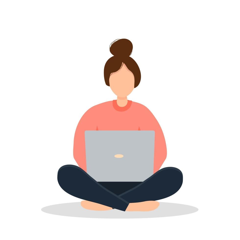 A woman is sitting and working on a laptop. Work at home and freelance concept. Vector illustration in a flat style.