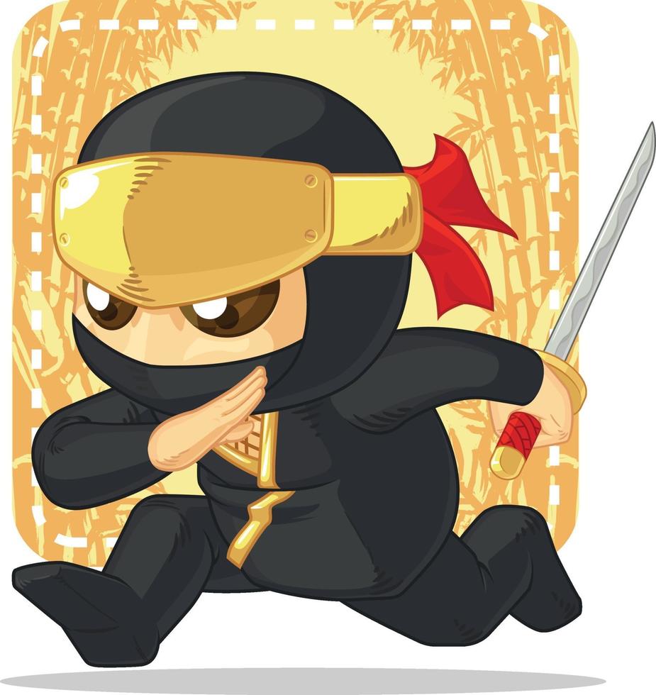 caricatura, ninja, tenencia, japonés, espada, ilustración, mascota, dibujo vector