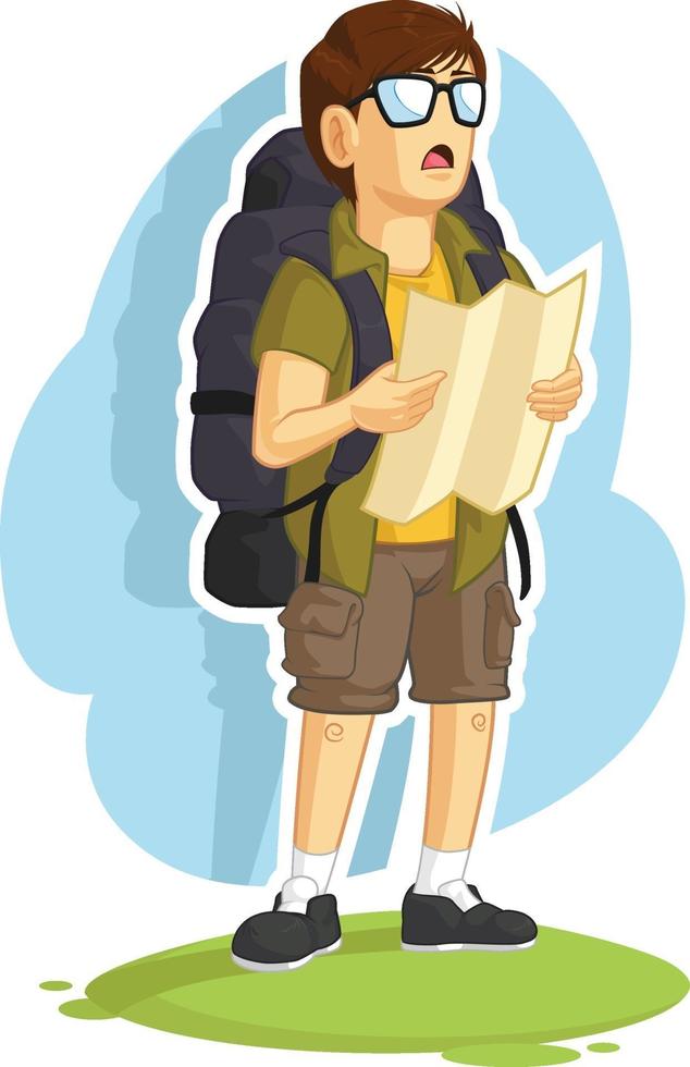 Backpacker Boy Reading Hiking Map Travel Direction Cartoon Drawing vector