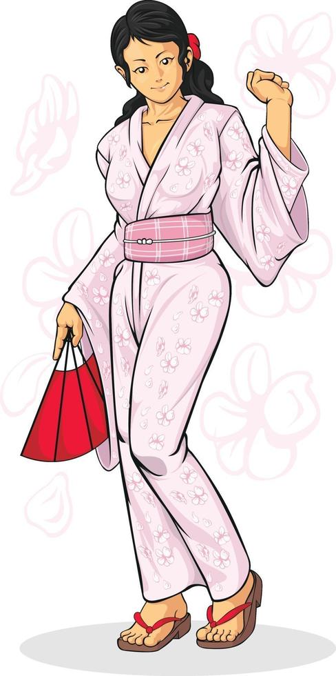 geisha, niña, llevando, kimono japonés, caricatura, ilustración, dibujo vector