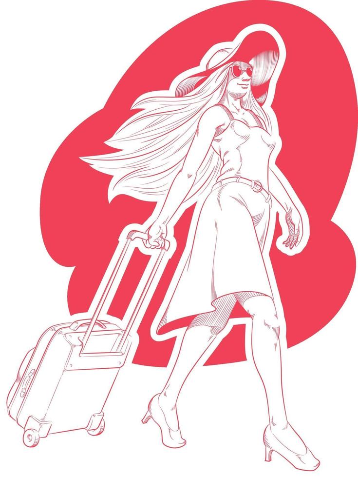 Sketch Woman Tourist Vacation Travelling Cartoon Illustration Drawing vector