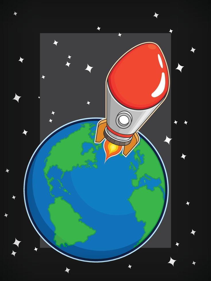 Flying Space Rocket Launch Orbit Cartoon Illustration Vector Drawing