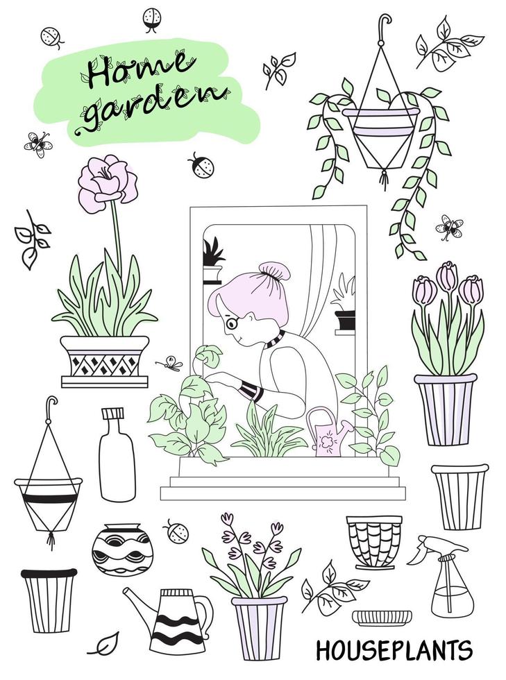 Indoor plants in a modern house and people. Elderly woman in a green interior. Set of doodles woman in a window with butterflies and flower pots and flowers, pots and tools. Hobbies and green house vector