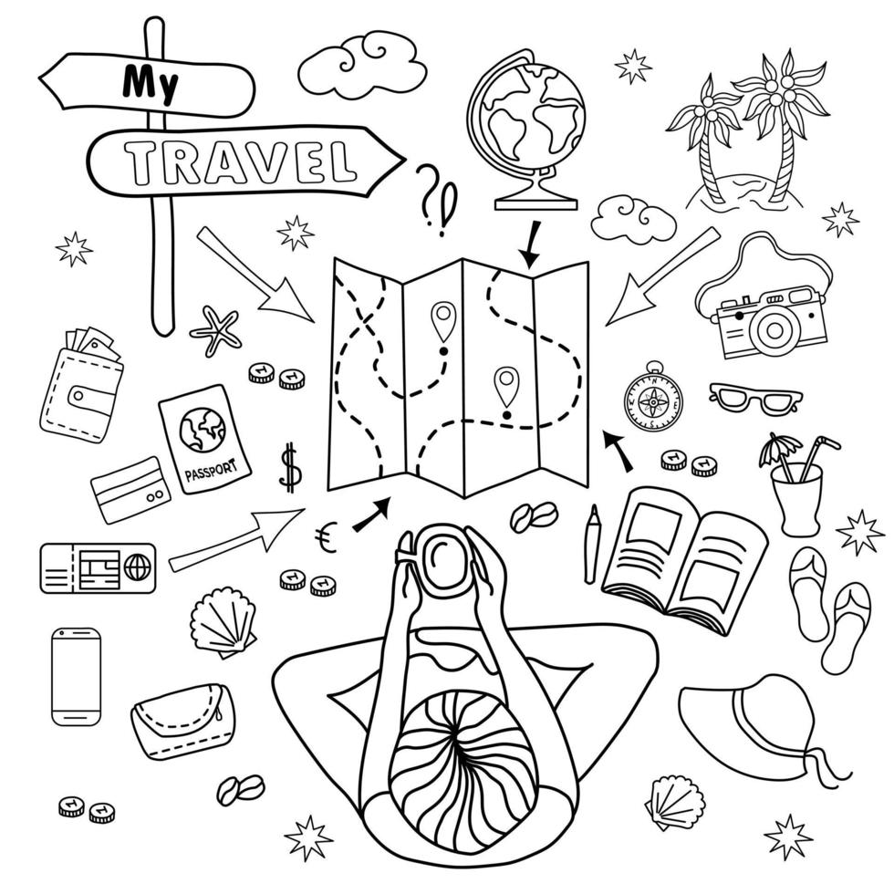 My travel. Doodle set of vector linear doodles for travel with sitting girl. Dreams of the sea and the beach