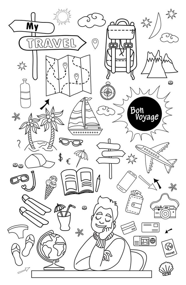 Doodle conjunto de garabatos de viajes lineales vectoriales. concepto de viaje con una persona soñando. vector