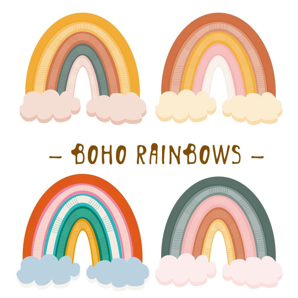 Boho clipart for nursery decoration with cute rainbows. Perfect for baby shower, birthday, children's party vector