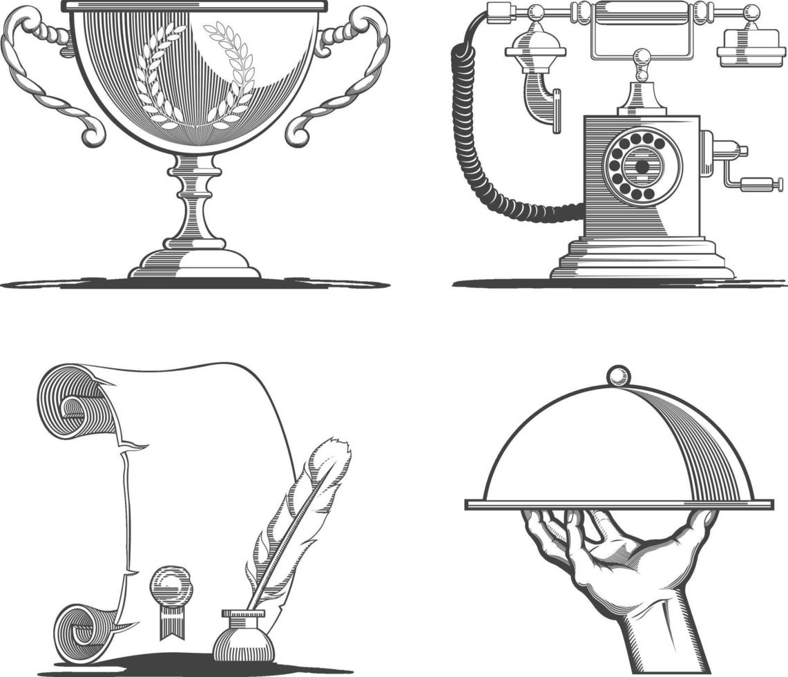 iconos vintage trofeo teléfono retro manuscrito antiguo silueta vector