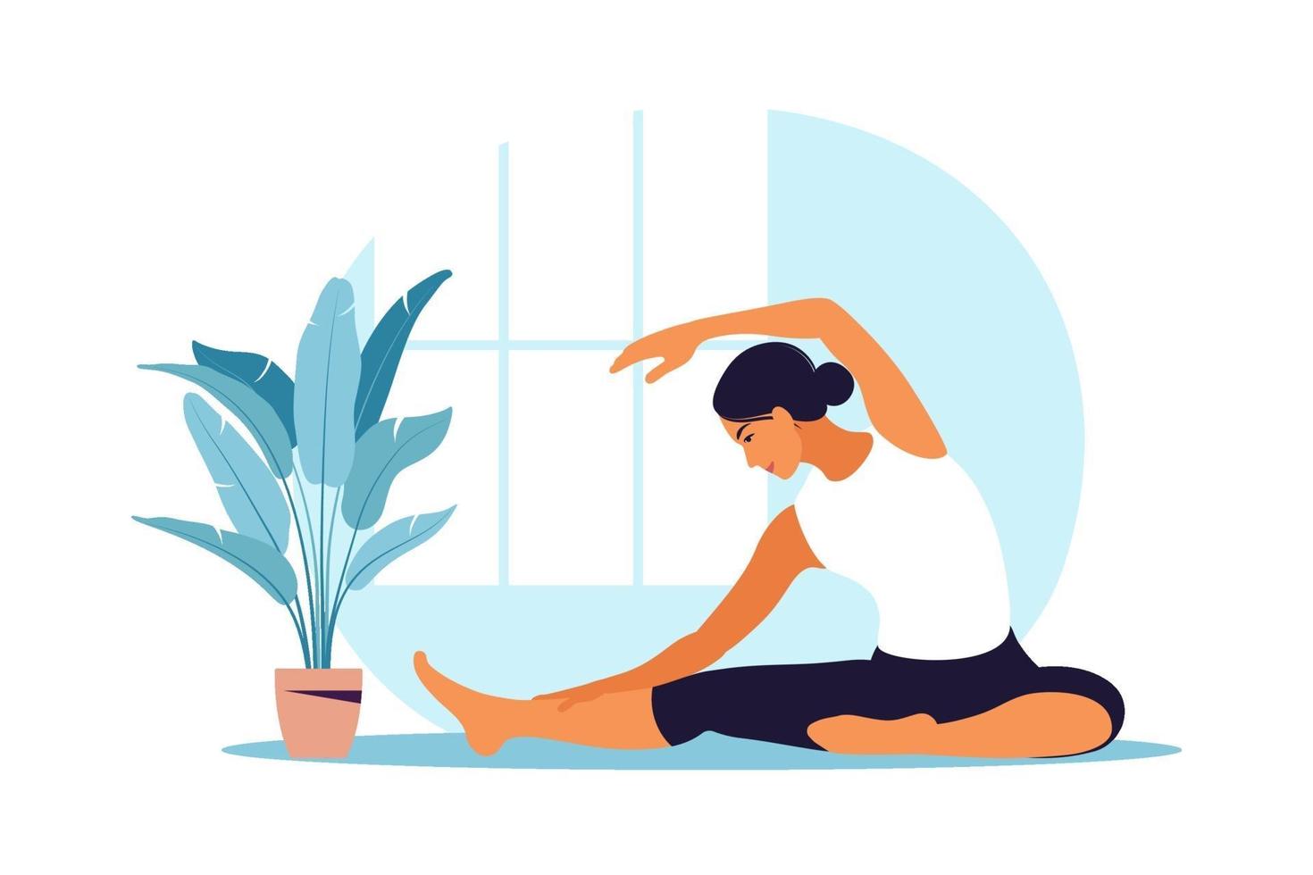 mujer joven practica yoga. práctica física y espiritual. ilustración vectorial en estilo de dibujos animados plana. vector