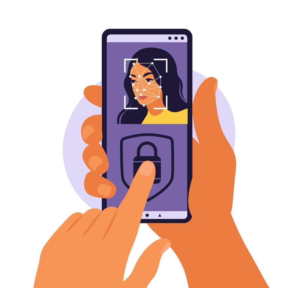 Face recognition and identification, face ID concept. Hands with phones with biometric identification. Vector illustration. Flat