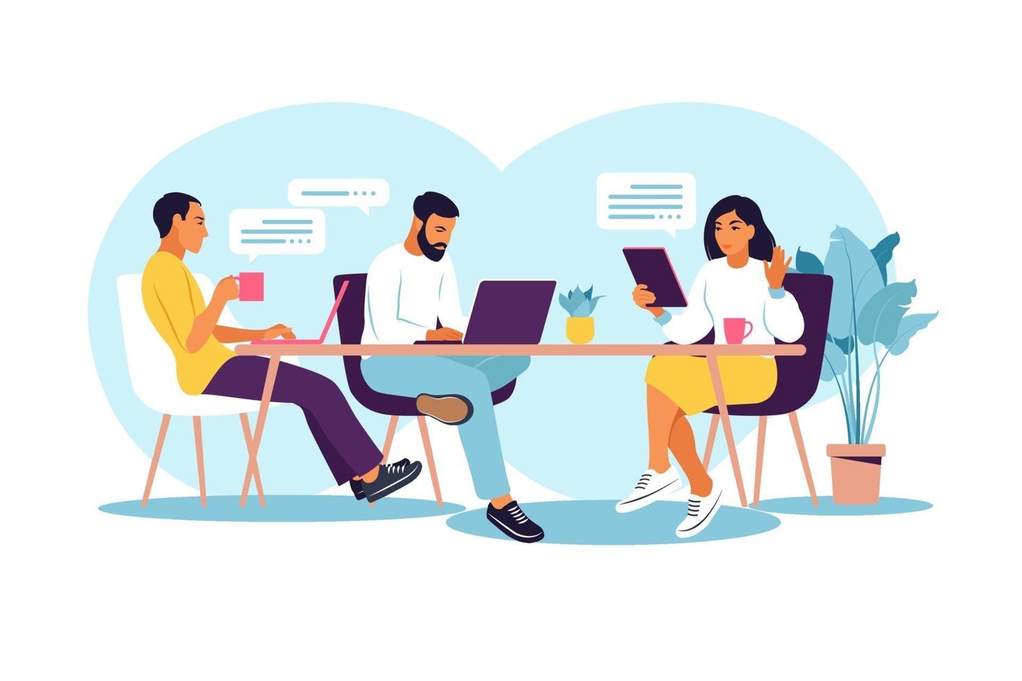 Business people working together. Coworking space with creative or business people sitting at the table. Flat modern vector illustration.