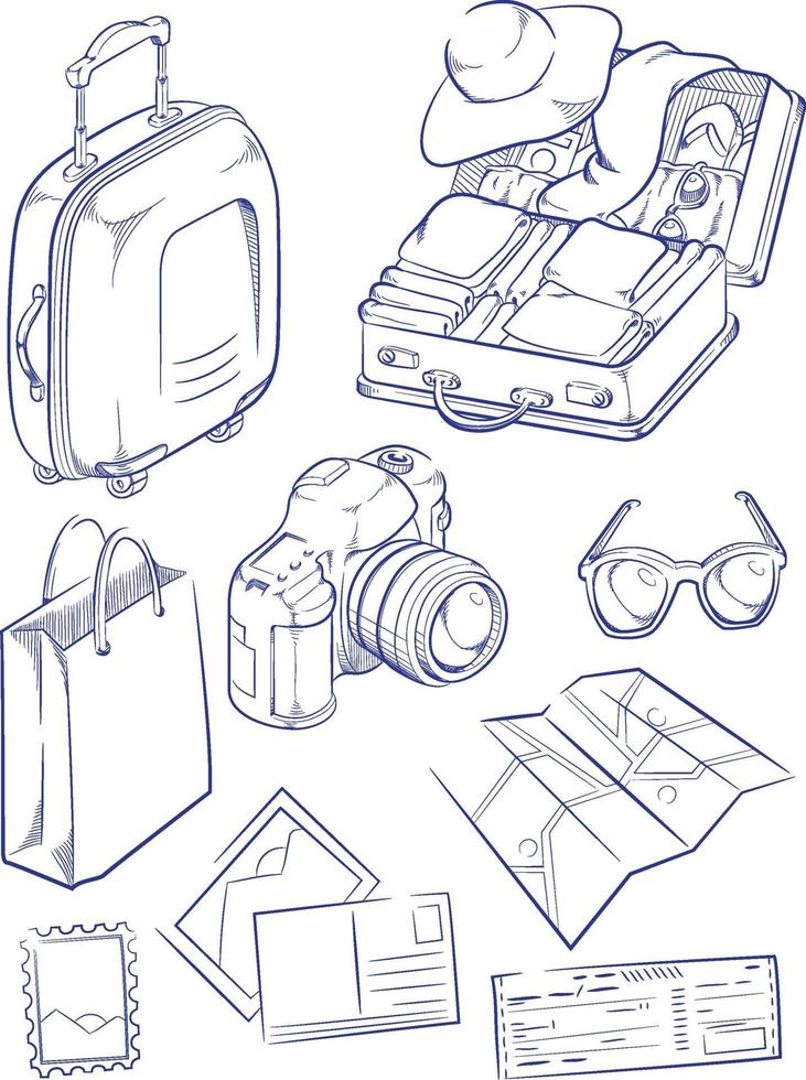 Sketch Vacation Travel Suitcase Holiday Doodle Outline Vector Drawing