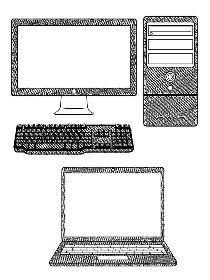 Boceto computadora pc portátil doodle contorno dibujo ilustración vectorial vector