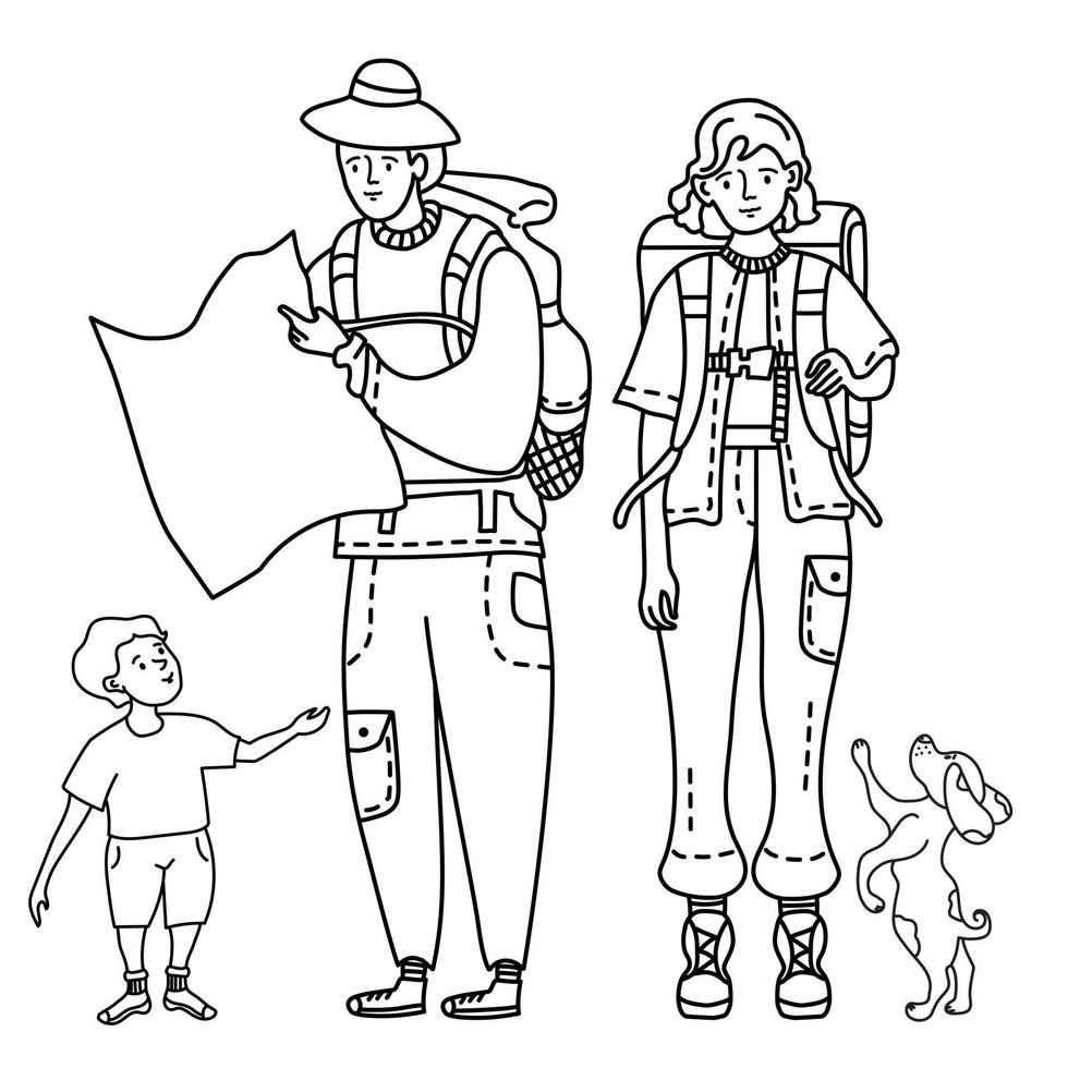 familia turística de dibujo lineal. una niña una mochila a la espalda para viajar. un hombre con sombrero sostiene una tarjeta en sus manos, un niño se para cerca y un perro salta. concepto de viaje. vector